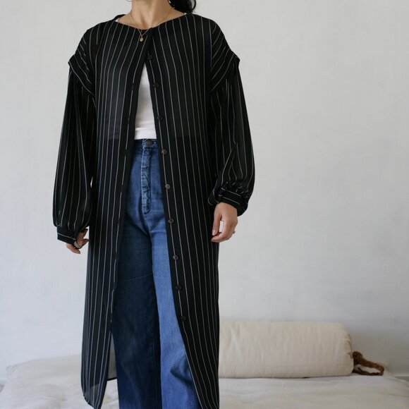 Dresses & Skirts - Vintage 80's 90's Black Pinstripe Sheer Button Up Shirt Dress/Duster